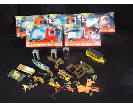 New Ray, Airfix, and Others - A mixed collection of diecast model vehicles and plastic toy soldiers and accessories. Lot cont