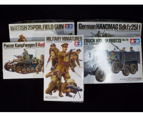 Tamiya - Five boxed 1:35 scale model kits of military vehicles and figures by Tamiya. Lot includes 339 WW1 British Infantry S