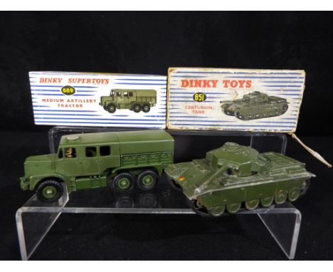 Dinky - Two boxed Dinky military vehicles comprising # 651 Centurion Tank and # 689 Medium Artillery Tractor. Models appear G