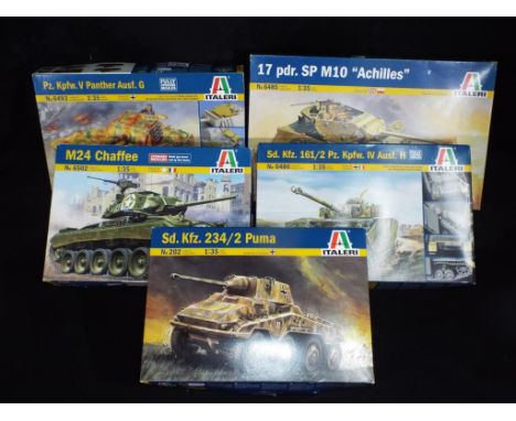 Italeri - Five boxed Italeri 1:35 scale model kits of military vehicles. Lot includes 202 Sd.Kfz.234/2 Puma, 6486 Sd.Kfz.161/