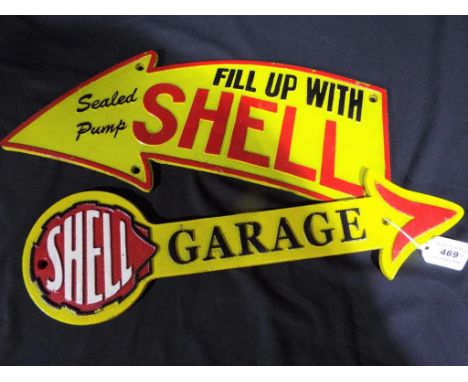 Two cast iron Shell Arrow garage signs This lot MUST be paid for and collected, or delivery arranged, no later than close of 