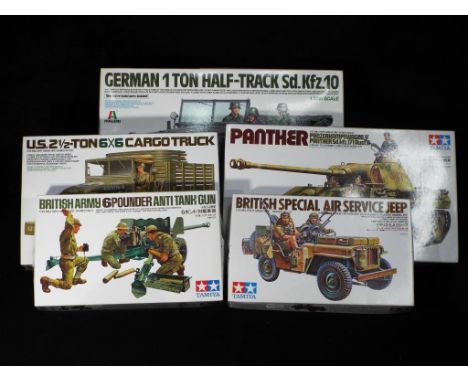 Tamiya - Five boxed 1:35 scale model kits of military vehicles and figures by Tamiya. Lot includes No.33 British SAS Jeep, No