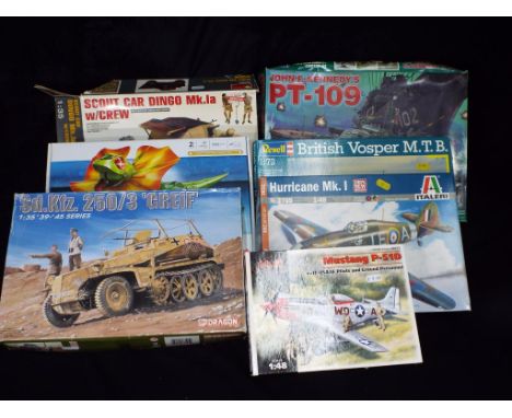 ICM, Dragon, Lindberg,Italeri and Other - Seven boxed scale model kits of military vehicles, figures, aircraft and a Robot in