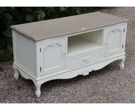 A continental-style white &amp; light grey painted wooden low cabinet with open recess to centre above a long drawer flanked 