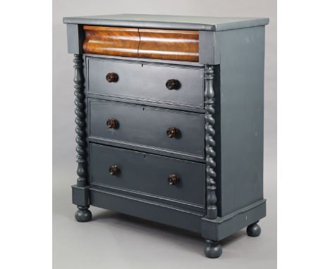 A Victorian natural &amp; pale blue painted mahogany “Scotch” chest fitted two short &amp; three long graduated drawers with 