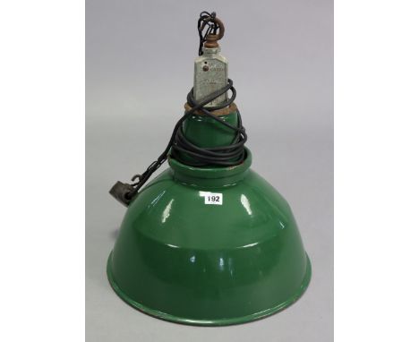 A vintage Benjamin-type industrial green enamelled ceiling light fitting, 16” diameter x 20” high.