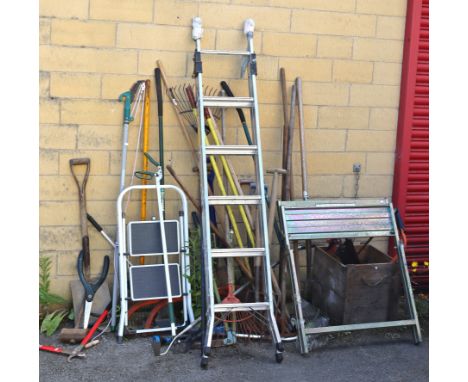 An aluminium step ladder; an aluminium fold-away work table; various garden &amp; hand tools, etc. 