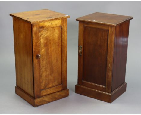 A Victorian mahogany pot cupboard fitted centre shelf enclosed by a panel door, &amp; on a plinth base, 15” wide x 29¾” high;