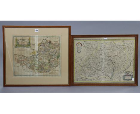 A vintage hand-coloured map by Robert Morden “Somersetshire”, 14½” x 16¾”; together with another coloured map, 16¼” x 21¼”, e