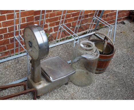 A set of vintage scales, a glass jug and mixed metal ware