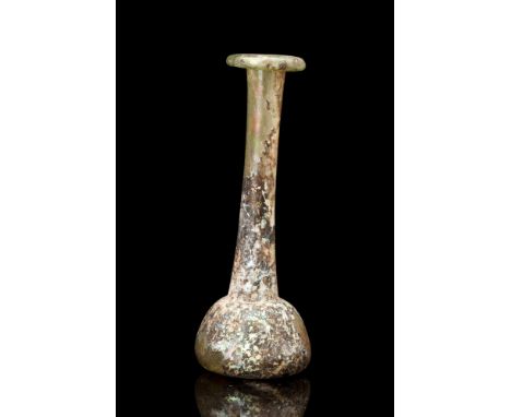 Ca. 100-200 AD.A glass candlestick unguentarium. It features a domed lower body, rounded shoulder, tall cylindrical neck and 