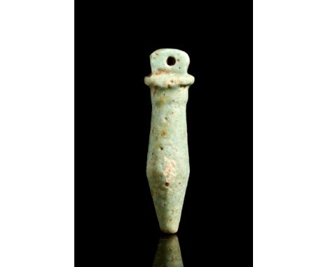 Late Period, Ca. 664-332 BC.A papyrus column amulet, known as Wadj sceptre, made of light blue glazed faience with a suspensi
