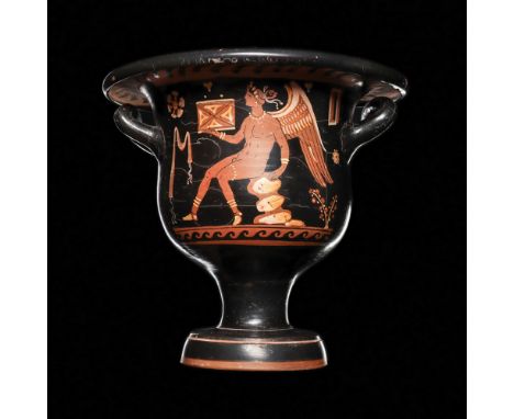 Chevron Group, Ca. 400 BC.A rare red-figure pottery bell krater, attributed to the Chevron group. The obverse depicts a centr