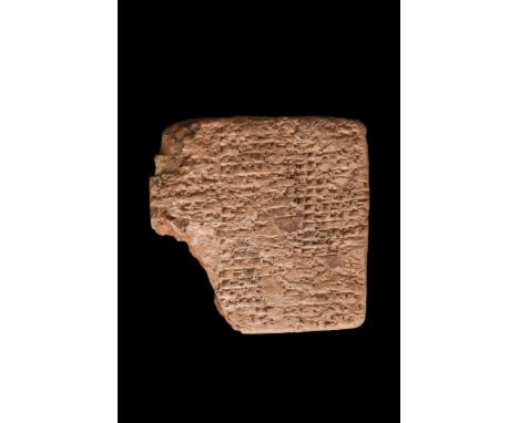 Ca. 1900 BC.An originally square-shaped ceramic tablet with three rounded edges and corners, with cuneiform on one side. Tabl