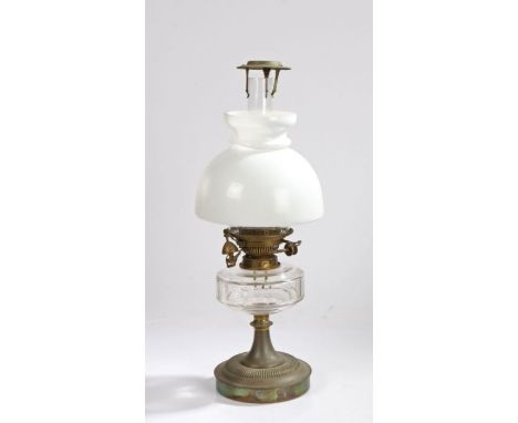 Hinks Duplex No.2 oil lamp, the clear glass chimney with metal cap, the white glass tapering domed shade above a faceteed cle
