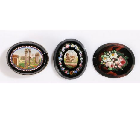 19th Century Italian Grand Tour micro mosaic panels, the first with the Colosseum and a garland of flowers, 33mm diameter tog