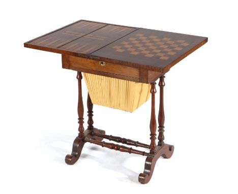 Victorian mahogany and marquetry inlaid games compendium/sewing table, the rectangular folding top with interior chess, backg