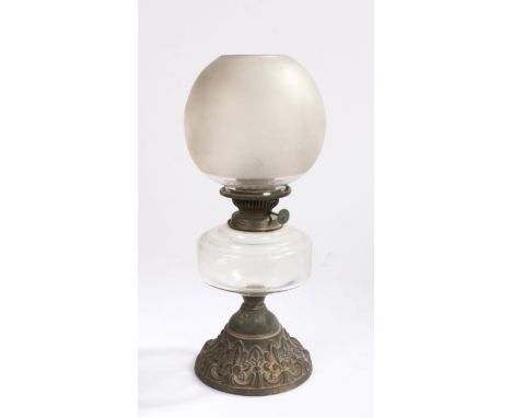 Hinks &amp; Son oil lamp, with frosted shade above a clear glass reservoir and scroll and fleur de lys cast base, 39.5cm high