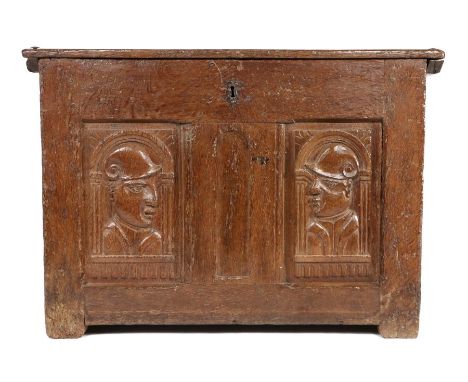 16th Century oak French coffer, circa 1520-1550, the rectangular hinged top with a stud to each corner above a tall front ins
