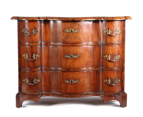 Late 18th Century Dutch commode chest of drawers, the top with a wide crossbanded edge above three long drawers above a proje