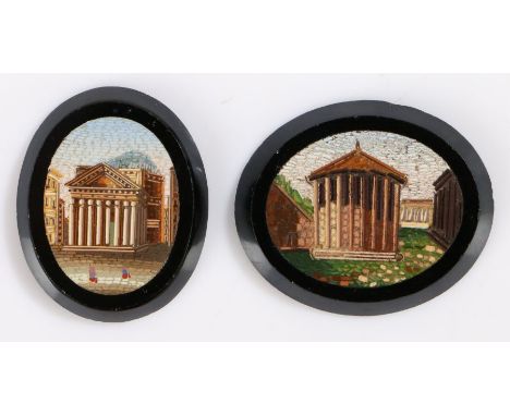 19th Century Italian Grand Tour micro mosaic panels, the first with the Pantheon, 28mm diameter together with the Temple of V
