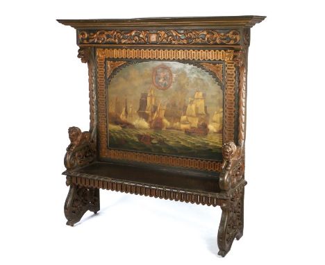 Late 19th century Dutch painted and carved wood settle, the scroll carved pediment with central lion crest, the panelled back