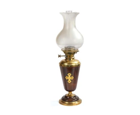 Ecclesiastical&nbsp;Hinks Lever No.2 oil lamp, with clear glass chimney, frosted and clear glass baluster shade, the body wit