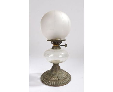 Hinks &amp; Son oil lamp, with frosted shade above a clear glass reservoir and scroll cast base, 31.5cm high