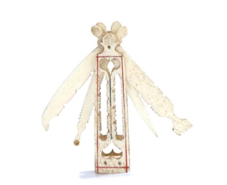 Napoleonic Prisoner of War bone love token etui, the body with hearts to the top and bottom enclosing the four tools, 10cm lo