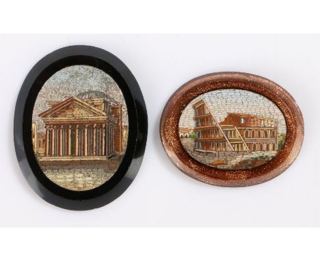 19th Century Italian Grand Tour micro mosaic panels, the first with the Pantheon, 35mm diameter together with the Roman Colos