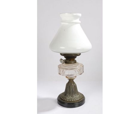 Hinks Duplex 2nd oil lamp, the tapering white glass shade above a faceted clear glass reservoir and scroll cast loaded base, 