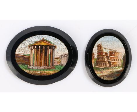 19th Century Italian Grand Tour micro mosaic panels, the first with Temple of Vesta 45mm diameter, the second with the Roman 