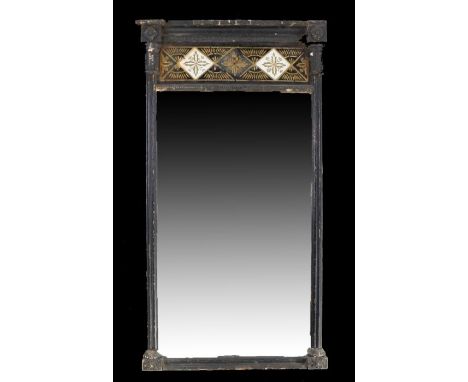 Regency pier mirror, the rectangular mirror plate within the black frame surmounted by a gilt and black painted mirrored pane