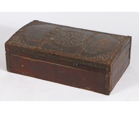 Chinese painted and iron strapped trunk, the arched lid with an archaic central motif and stud straps to the edge, 78cm wide,