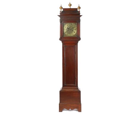 George III oak cased longcase clock, Jeremy Spurgin, Colchester, the stepped pediment above a square glazed hood flanked by t