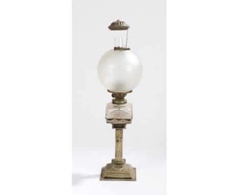 Hinks &amp; Son oil lamp, the clear glass chimney with attached cap, the frosted globe form glass shade with etched Greek key