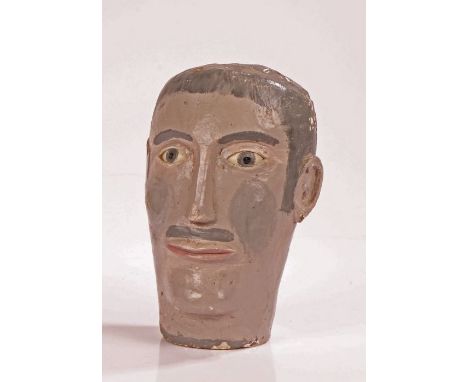 Unusual French Folk Art Naïve mannequin head, the painted plaster head in shades of grey with white eyes and pink lips, 26cm 