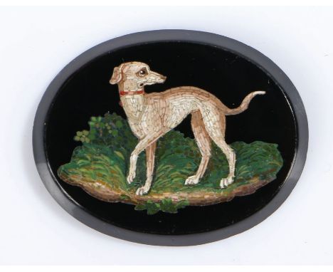 19th Century Italian Micro Mosaic panel, of a dog standing with the paw raised, 42mm diameter&nbsp;