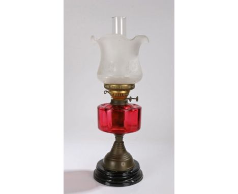 Late 19th Century oil lamp, with clear glass chimney and white frosted glass shade with etched foliate and scroll decoration,