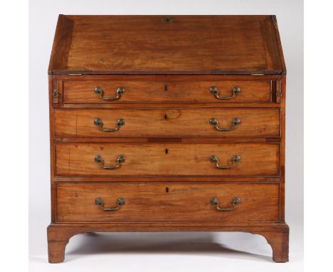 George III mahogany bureau, the rectangular top above a sloping fall enclosing a series of small drawers and pigeon holes abo