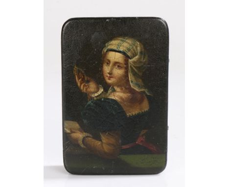 19th Century Russian papier mache box, the cover hand painted with depiction of a young lady holding a portrait miniature to 