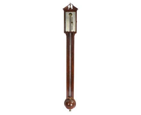19th Century mahogany stick barometer, Neale &amp; Bailey London, the pediment flanking a gilt urn above a signed silvered di