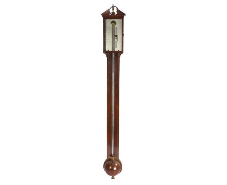 19th Century mahogany stick barometer, Neale &amp; Bailey London, the pediment flanking a gilt urn above a signed silvered di