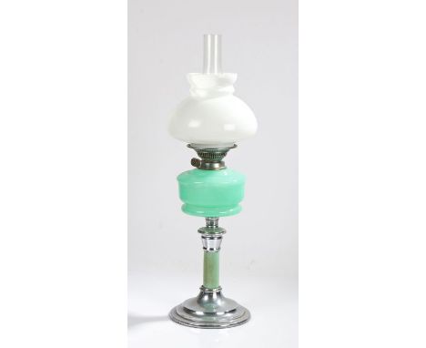 Best British Make oil lamp, with clear glass chimney and tapering white glass shade above a turquoise glass reservoir and chr