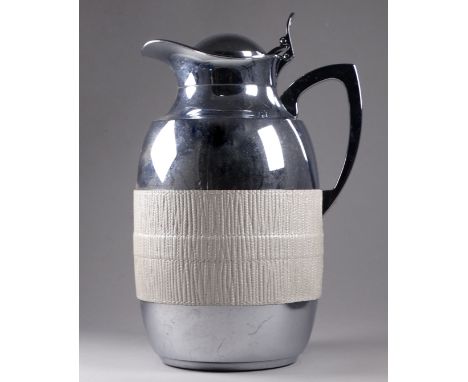 A GioBagnara vacuum flask - polished chrome with a taupe textured leather band, height 24cm.