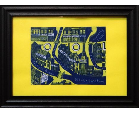 # Sir Grayson PERRY (b. 1960) Gentrification Cloth  Silkscreen print on fabric  Framed and glazed  Picture size 15 x 19cm  Ov