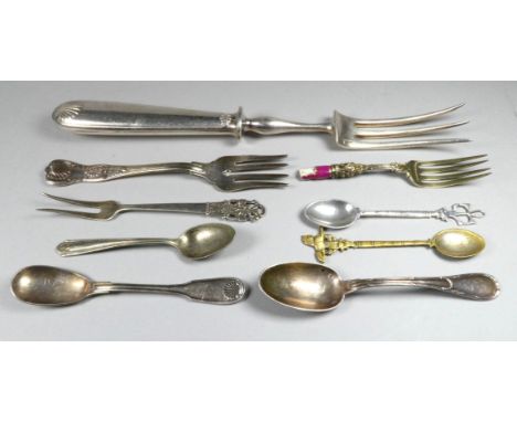 A Christofle white metal carving fork - bearing purity marks, together with other white metal and silver spoons (qty)