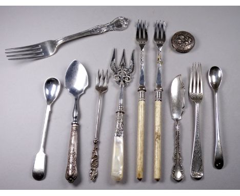 A Victorian silver fork - London 1874, with bright-cut engraving, together with further items of silver and plated flatware (