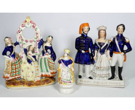 A 19th century Staffordshire flatback figure group - Turkey, England, France, height 27cm, together with a female figure grou