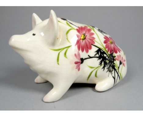 Wemyss Griselda Hill pottery pig - seated, decorated by Esther Weeks, decorated with pink flowers, 18cm wide